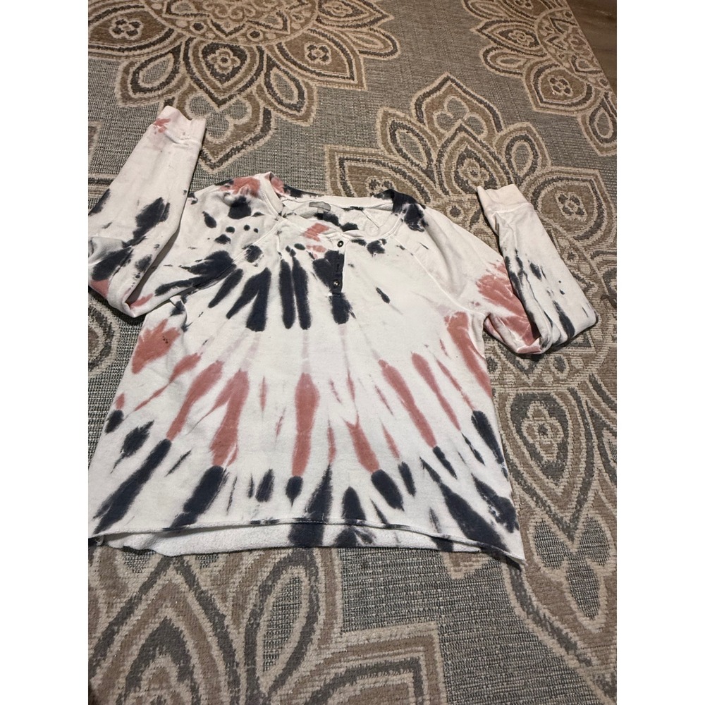 True Craft Womens Tie Dye Henley Long Sleeve Top French Terry Pink Black Large